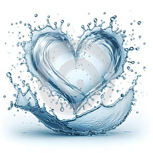 Clean water splash heart shape and splatters in water wave isolated on white background