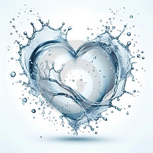 Clean water splash heart shape and splatters in water wave isolated on white background