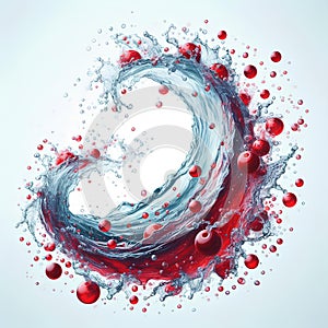 Clean water splash with red grappe, berries and splatters in water wave isolated on white background