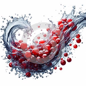 Clean water splash with red grappe, berries and splatters in water wave isolated on white background