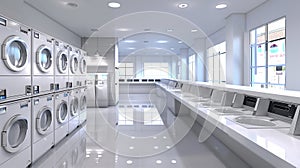 Clean and well-lit laundromat with rows of washing machines and dryers under fluorescent lighting. photo