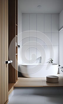 clean white bathtub in a minimalist bathroom decorated with wooden accents gives off a relaxed and serene atmosphere