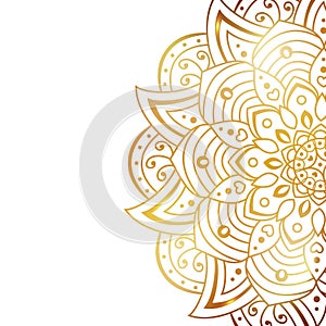 Clean white cover with gold beautiful flower. Golden vector mandala isolated on white background. A symbol of life and