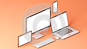 Clean white device mockup set with orange background. Tablet PC , desktop computer mobile and notebook.3d rendering