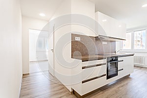 clean white kitchen unit in a new modern apartment