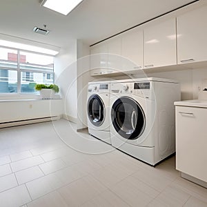 Clean and White Laundry Room with FrontLoading Washer. Generative AI photo