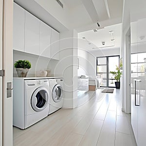 Clean and White Laundry Room with FrontLoading Washer. Generative AI photo