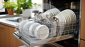 Clean white plates and cutlery in open dishwasher machine in the kitchen interior.