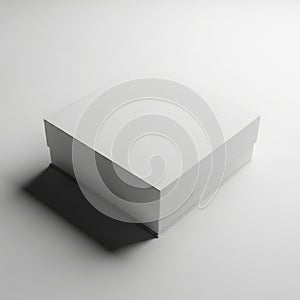 A clean white rectangular box casting a sharp shadow on a plain white surface isolated on white background