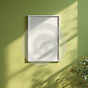 Blank White Frame on Textured Green Wall with Sunlight Shadows
