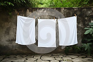 Clean white sheets drying on a line. Laundry with clothes pins on a rope outdoors. Clean clothesline dry laundry line. Empty space
