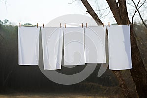 Clean white sheets drying on a line. Laundry with clothes pins on a rope outdoors. Clean clothesline dry laundry line. Empty space