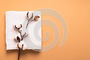 A clean white soft towel is rolled up and tied with a canvas rope with a cotton branch on a brown background. Zero West.