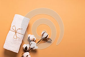 A clean white soft towel is rolled up and tied with a canvas rope with a cotton branch on a brown background. Zero West.