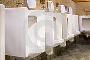 Clean white urinals in men`s bathroom