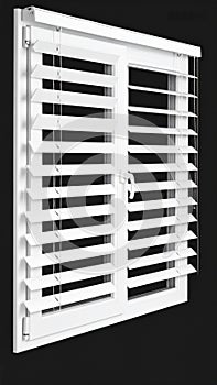 Clean White Window Blinds with Adjustable Slats and Handle on Dark Background