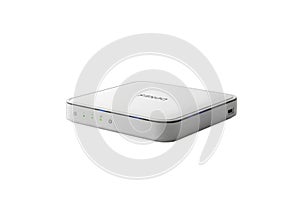 A clean white wireless router or network device isolated on a plain white background isolated on white background