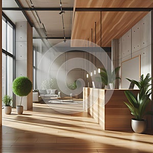 Clean white wooden and concrete office interior with reception desk and sunlight