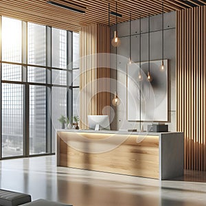 Clean white wooden and concrete office interior with reception desk and sunlight