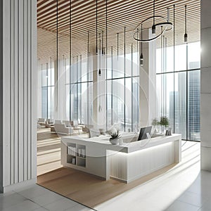 Clean white wooden and concrete office interior with reception desk and sunlight