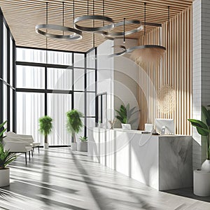 Clean white wooden and concrete office interior with reception desk and sunlight