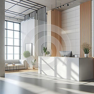 Clean white wooden and concrete office interior with reception desk and sunlight