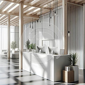 Clean white wooden and concrete office interior with reception desk and sunlight