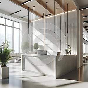 Clean white wooden and concrete office interior with reception desk and sunlight