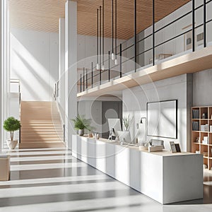 Clean white wooden and concrete office interior with reception desk and sunlight