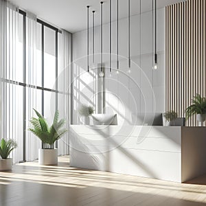 Clean white wooden and concrete office interior with reception desk and sunlight