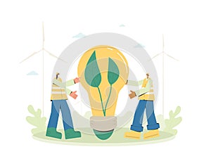 Clean wind energy concept. Windmills.  Bulb with green leaves surrounded by workers people. Sustainable development. Vector color
