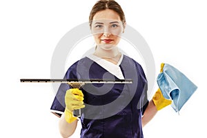 Clean woman with a window cleaner squashed on a white background.