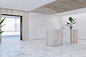 Clean wooden and concrete office lobby interior with window and city view. Waiting area and hotel concept.