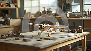 A clean workshop table with tools and a half-finished model airplane
