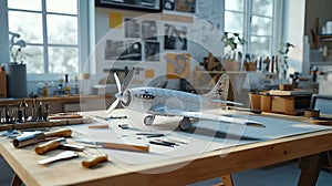 A clean workshop table with tools and a half-finished model airplane