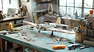 A clean workshop table with tools and a half-finished model airplane