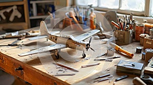A clean workshop table with tools and a half-finished model airplane