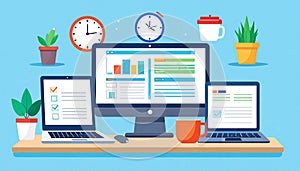 A clean workspace featuring a desktop computer displaying data c