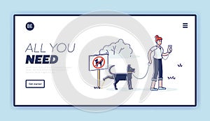 Clean after your dog banner. Template landing page with cartoon woman ignore picking waste rule