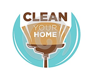 Clean your home logotype design with broom isolated on blue photo