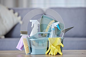 Cleaner basket, product and cloth with brush, gloves and spray bottle for health, safety and stop bacteria in home