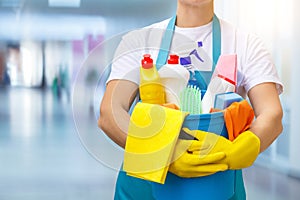 Cleaner with a bucket and cleaners .