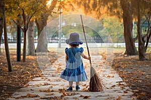 Cleaner child broom clean park. Generate Ai