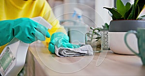 Cleaner, hands and person with chemical, cleaning furniture and spray with hygiene and gloves, disinfection and product