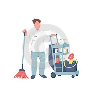 Cleaner with janitorial supplies flat color vector faceless character