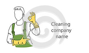 Cleaner man in gloves and apron. The concept of good cleaning service. One continuous line art drawing of cleaner staff