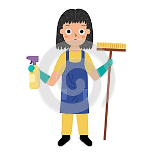 Cleaner woman in cartoon style for kids. Cute girl maid in uniform with a brush and a spray