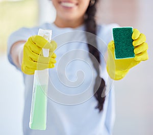 Cleaner woman, spray and sponge with gloves for hygiene, safety and chemical for dirt, house work and job. Cleaning