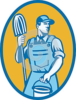 Cleaner Worker With Mop And Pail photo