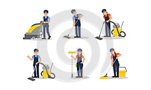 Cleaners Executing Their Work Duties Vector Illustrations Set photo